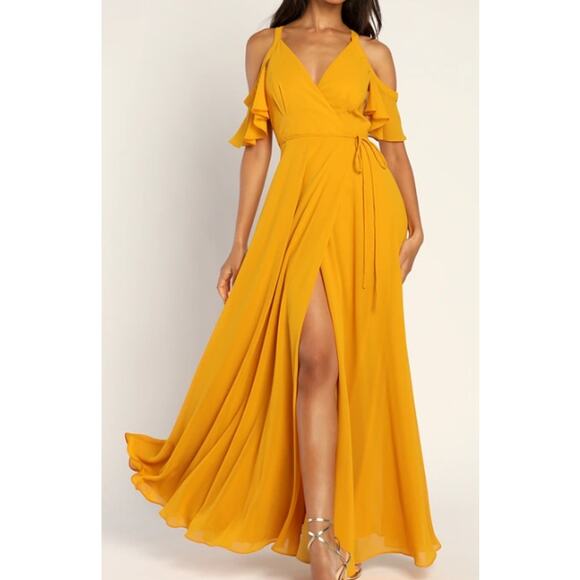 LULU'S SZ S Easy Listening Marigold Yellow Cold-Shoulder Wrap Maxi Dress NEW B42 - Picture 1 of 10